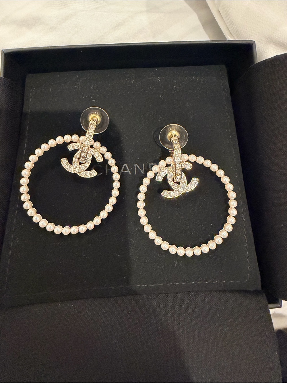 CHANEL Gold-Tone Pearl Hoop Earrings with Crystal CC Logo